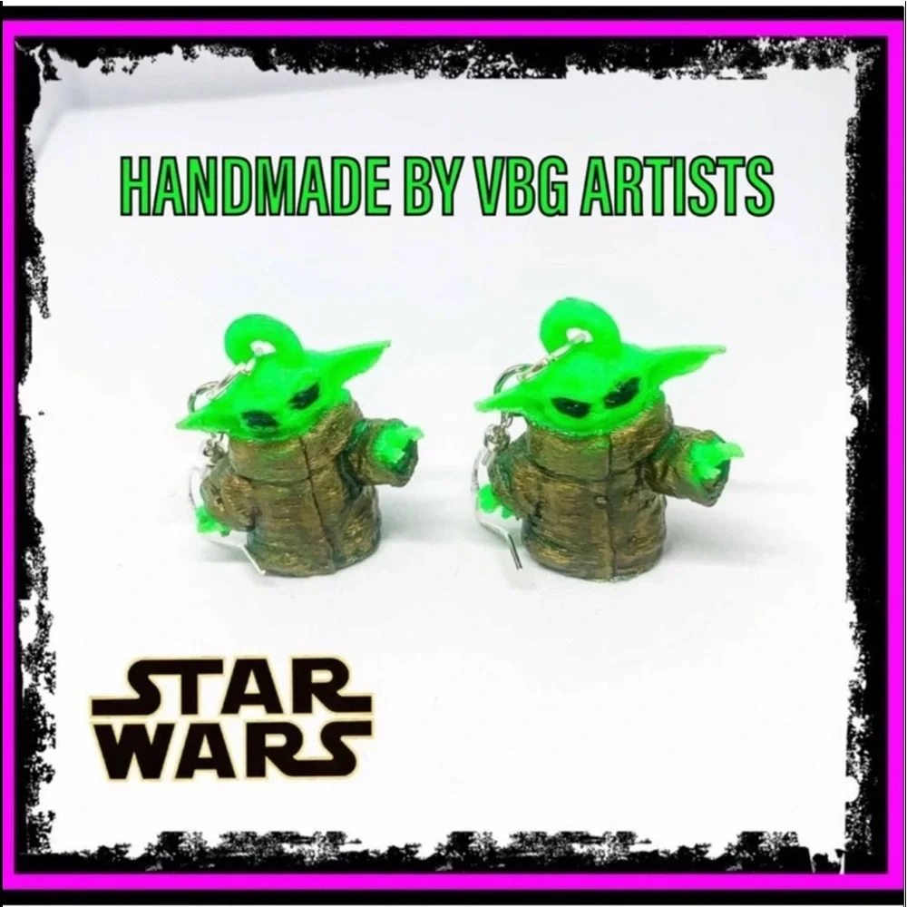 New S925 Sterling Silver Handmade Baby Yoda Earrings 3D Printed Hand Painted